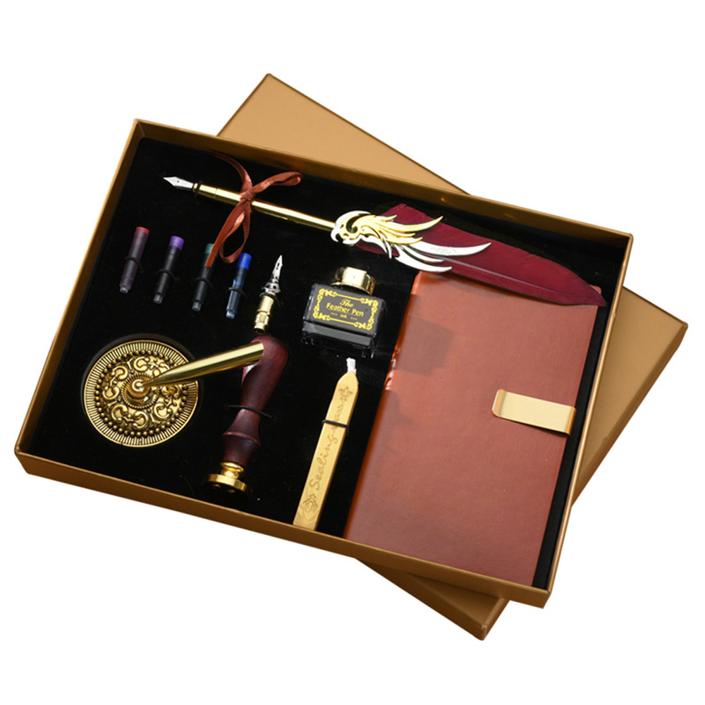Wax Seal Stamp Kit - ชุดปากกาขนนกและหมึกแบบย้อนยุค ชุดปากกาจุ่มหมึกแบบวินเทจ สำหรับเขียนลายมือ สมุดโน้ตหนัง PU พร้อมหัวปากกา